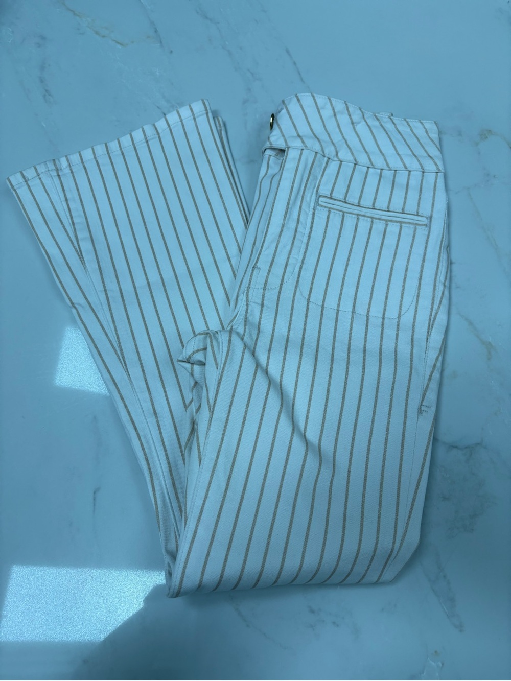 Frame Denim Cream and Tan Striped Crop Flare Pants
